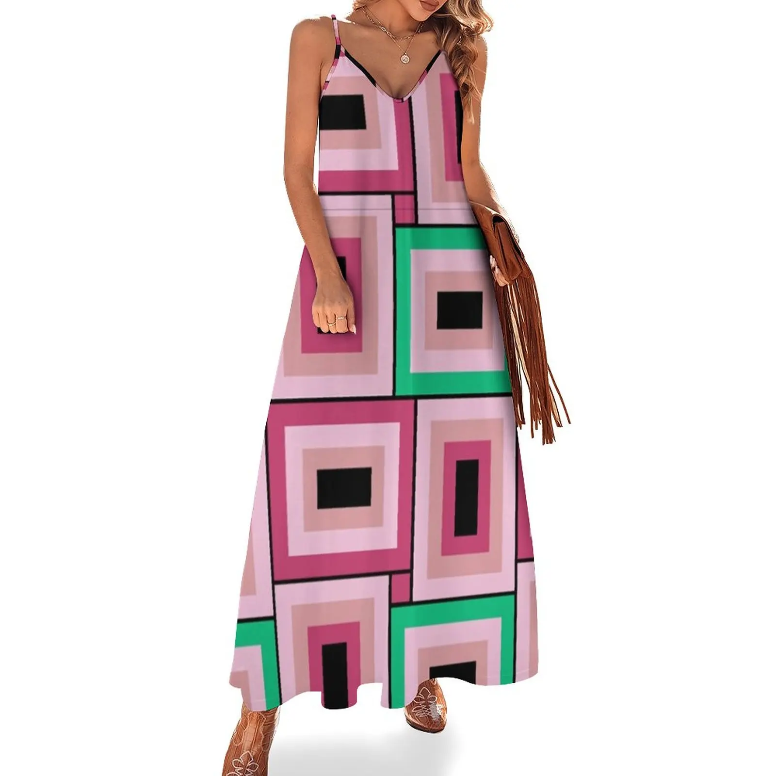 

Mid-Century Modern Pink And Green Rectangles Pattern Sleeveless Dress Woman clothes Prom gown Dresses Women's summer suit