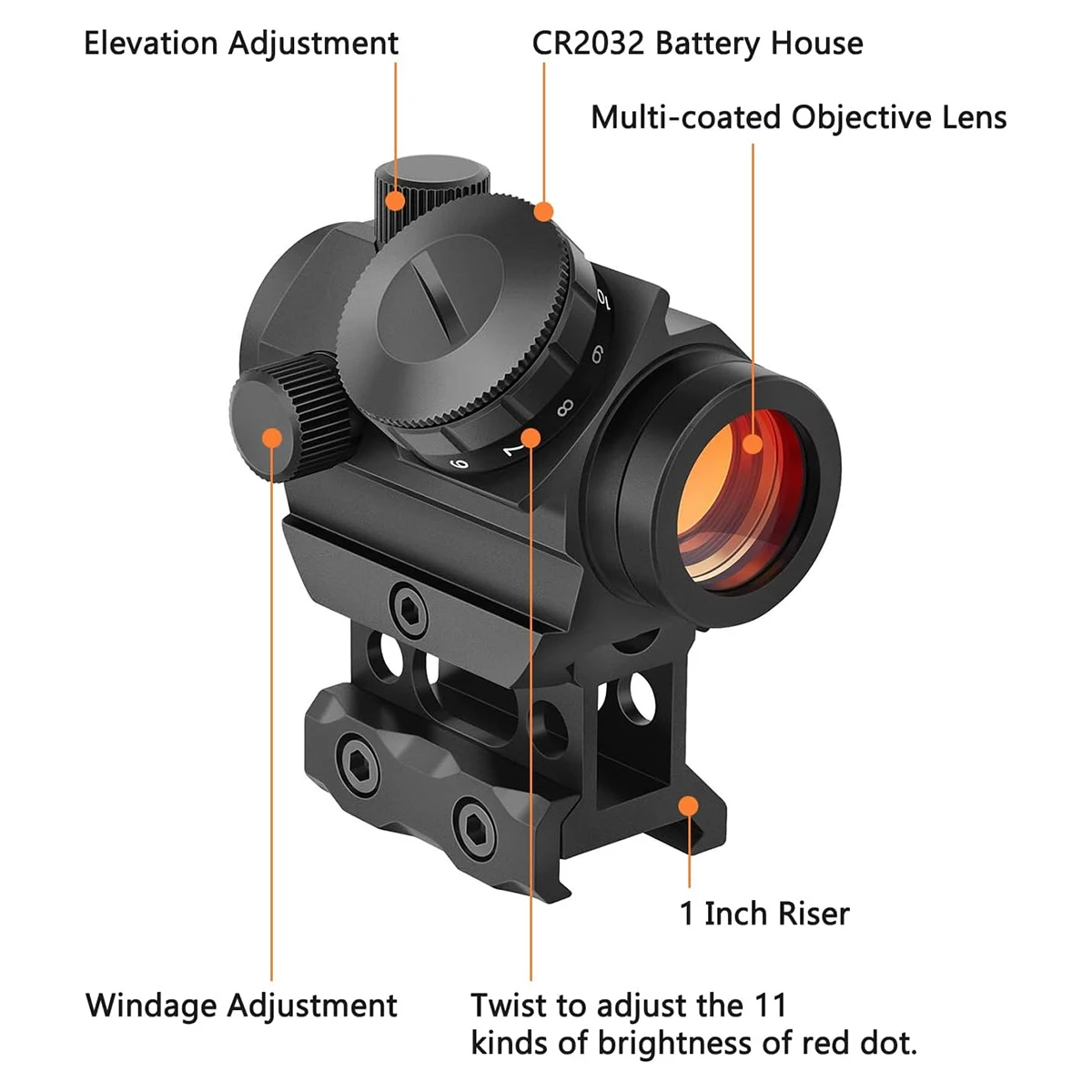 2MOA Red Dot Sight 1x25mm Reflex Sight Waterproof & Shockproof & Fog-Proof Red Dot Scope with 1 inch Riser Mount 3