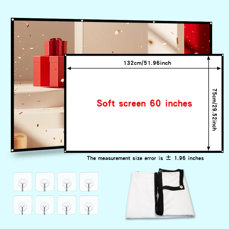 60 inch, 72 inch, 84 inch, 100 inch, 120 inch, 150 inch soft screen.Multiple sizes to choose from.