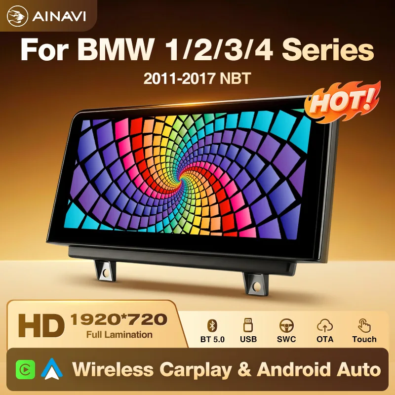 Radio para coche Ainavi para BMW Serie 1 2 3 4 F30 Carplay F31 F32 F33 F34 F36 F20 Android Auto F21 NBT Reproductor multimedia para coche Pantalla táctil HD IPS Pantalla para coche totalmente laminada BT 5.0 AHD 720P Cámara trasera 1