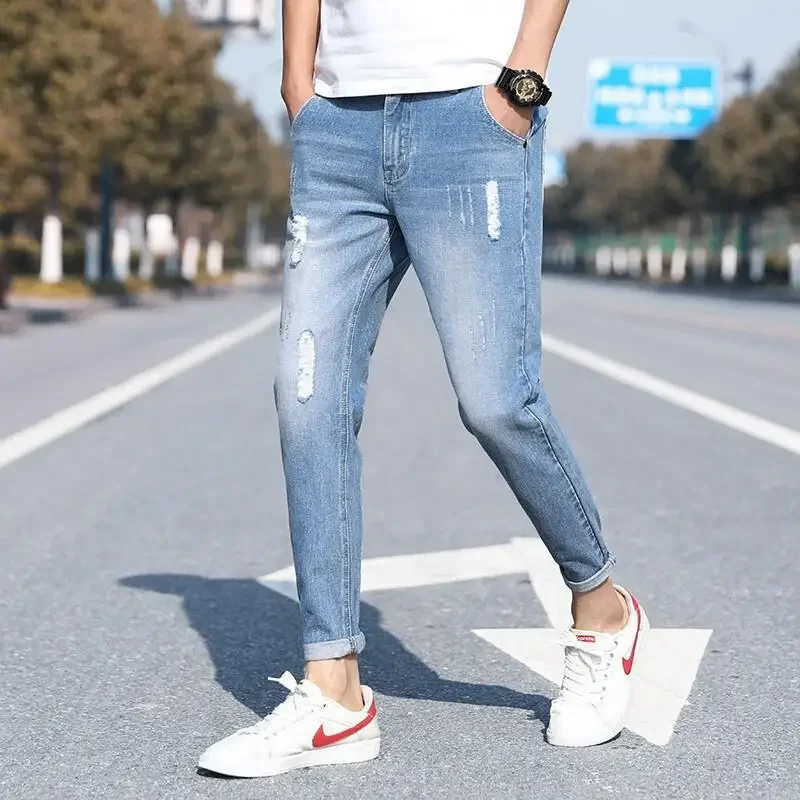 Trendy Men's Jeans Ripped Nine-point Length Casual Loose Fit Slimming Effective Branded Mid-tone Straight Leg Denim Trousers men jeans ripped jeans