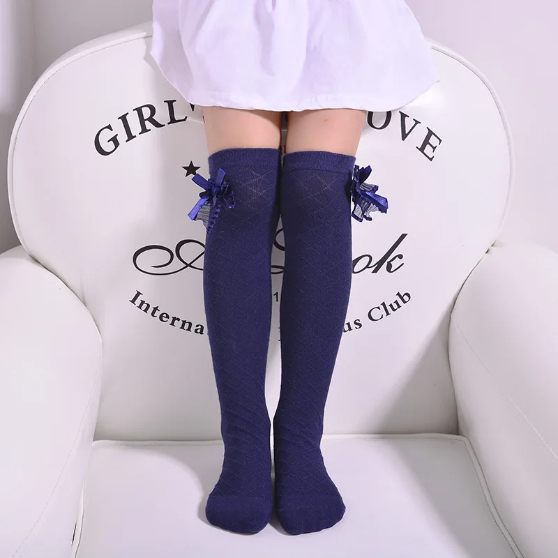 Spring Autumn Girls Socks Knee High Baby Kids Cotton Fashion Bow Solid Wild For Summer 3-12 Years Children Casual Princess Socks