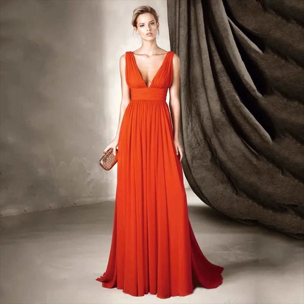 

LYLDS Orange Exquisite Evening Dresses V-Neck Sleeveless Party Prom Gowns Sexy Chiffon A-Line Backless вечернее платье D10017
