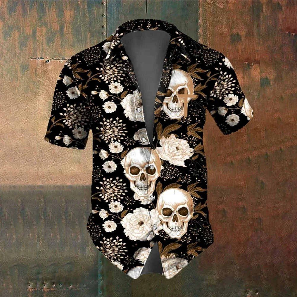 Summer Retro Flower Skull Pattern Men's Short Sleeved Shirt Men's Fashion Street Trend Horror Skull Party Men Oversized T-Shirt 4
