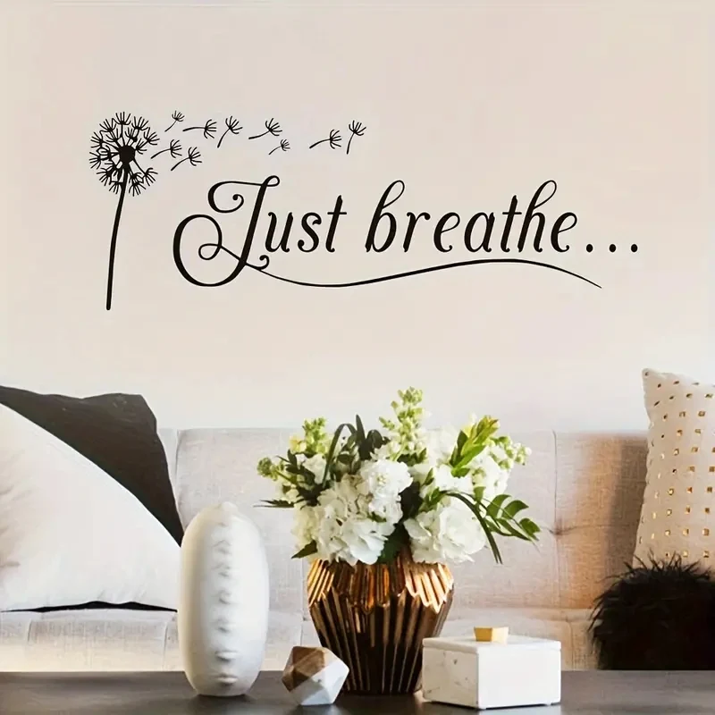 1pc Artistic Fonts PVC Wall Decal Dandelion Just Breathe Slogan Mural Cafe Living Room Office Porch Background Decor