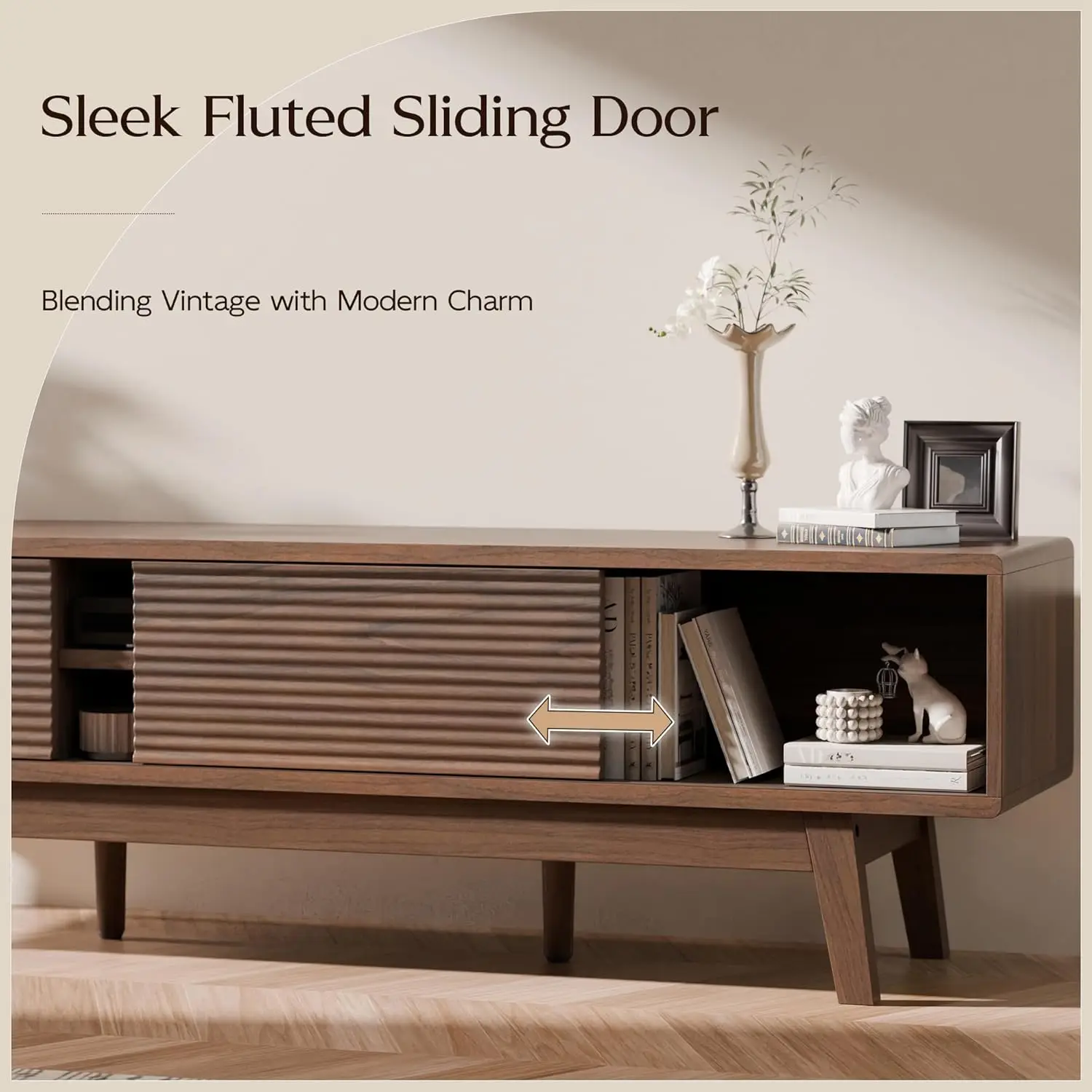 59" TV Console, Mid Century Modern Media Console for 55/60/65 Inch TV, Low Profile TV Stand with Fluted Sliding Doors, Boho