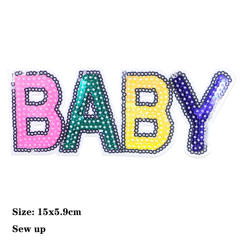 Glänzende glückliche Mode Baby Pailletten Brief Symbol gestickte Applikation auf Patch für Kleidung DIY Eisen auf Patches auf den Aufklebern nähen – Detail 3