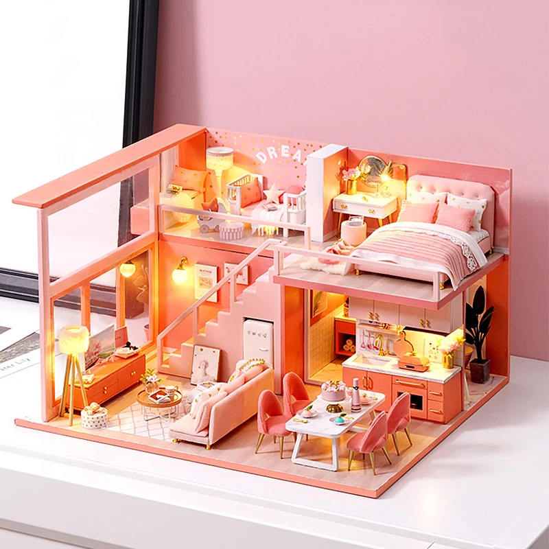 木製ミニドールハウスキット,家具付き,3Dパズルアセンブリ,DIY