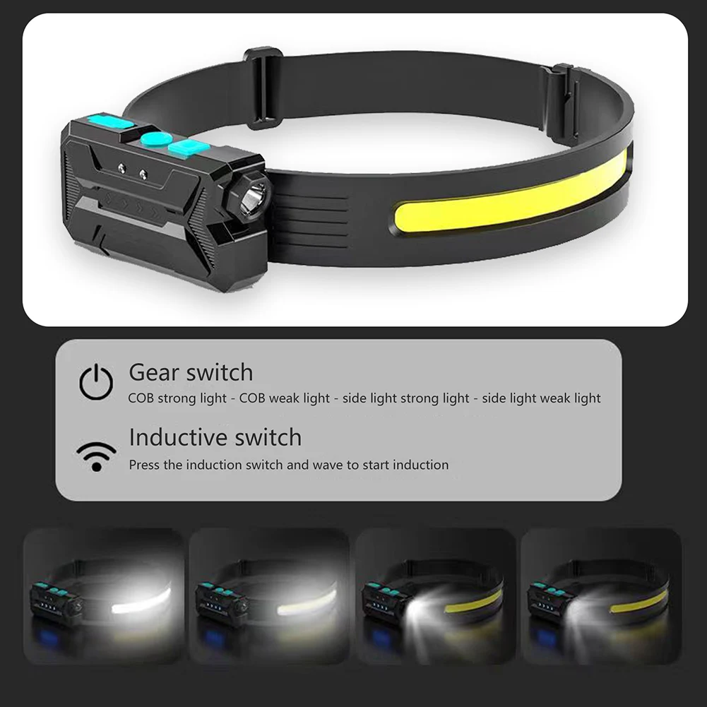 COB LED 야간 주행 손전등, USB 충전, 웨이브 유도 낚시 조명, 전원 디스플레이 센서, 야외용 휴대용 헤드램프