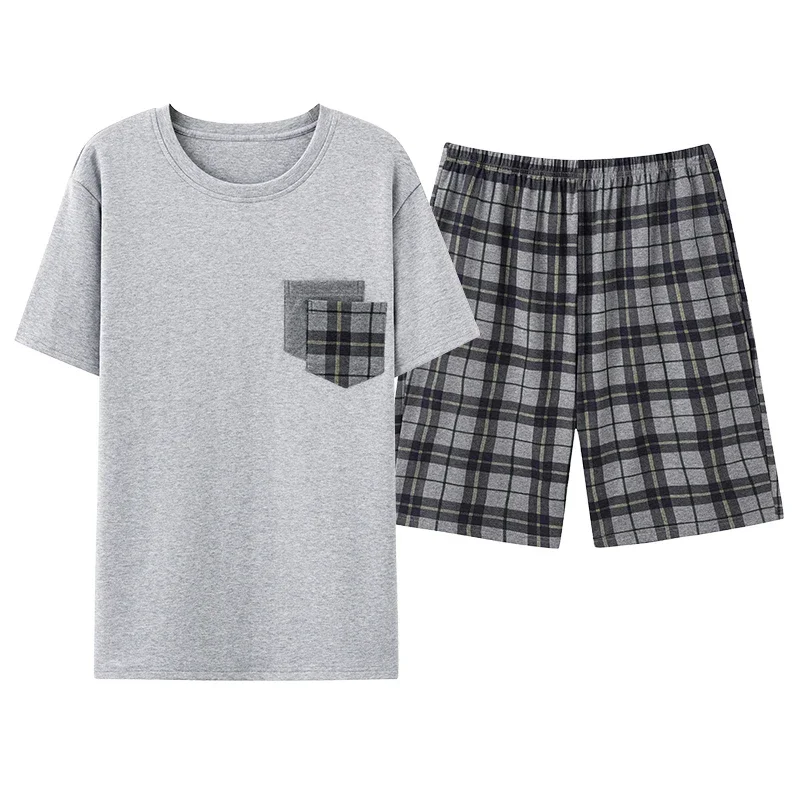 

Men Pajamas Short Sleeve Shorts Cotton Plaid O-neck Sleepwear Men Summer Home Clothes Big Yards L-4XL Young Male Homewear Set