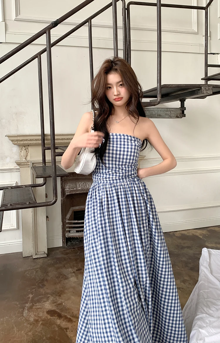 Casual Strapless Midi Dresses for Women Striped Sleeveless A-line Korean Chic Summer New Party Dress Vestidos Mujer