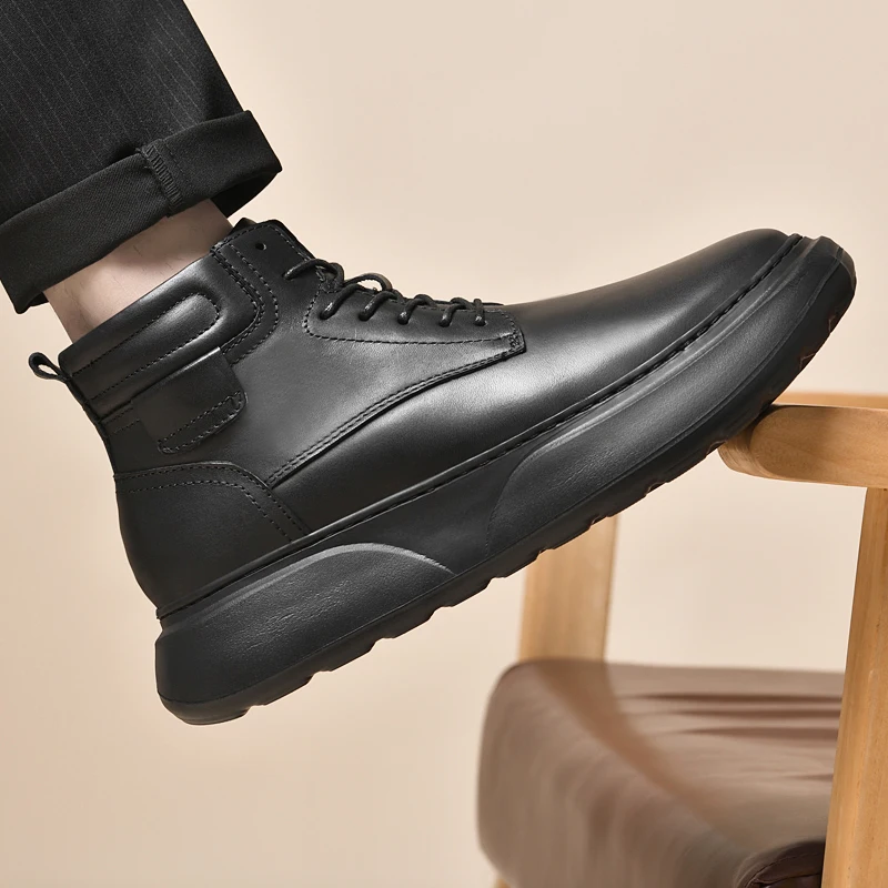 

High Top Boots Men Genuine Cow Leather Shoes Fashion Motorcycle Ankle Boots Men Warm Winter Snow Boot Luxury Brand Lace-Up Botas