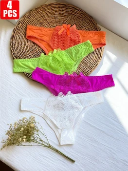 4-Pack Women's Underwear with Stylish Solid Color, Sexy and Close-Fitting, Featuring Bowknot Lace Triangle Bikini Panties 1