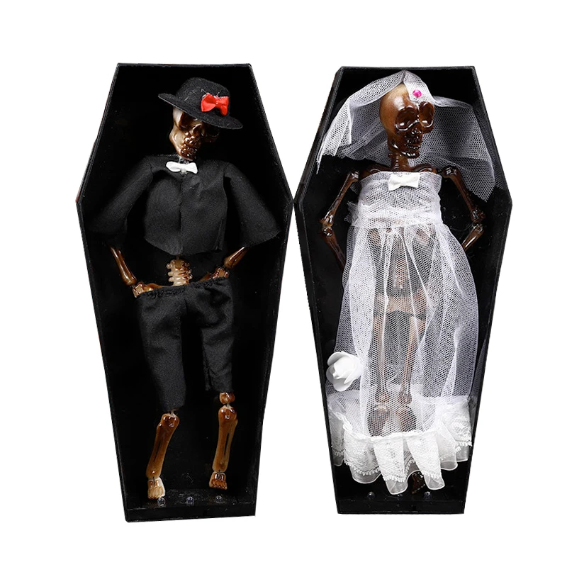 

Halloween Decoration Rocking Skeleton Ghost Bride Groom with Coffin Luminous Electric Toy Haunted House Bar Halloween Party Prop