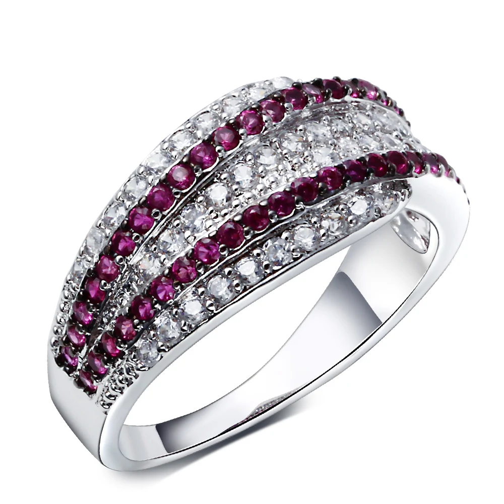 Big Discount Elegant Ruby+White Cubic Zircon Ring Real Rhodium Plating Pretty Jewelry For Women