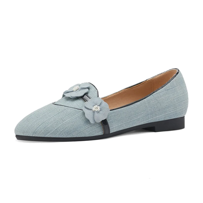 

Women Shoes 2023 Luxury Round Head Leather Denim Flower Pearl Shoes Casual Low Heel Shallow Mouth Single Shoes Dropshopping