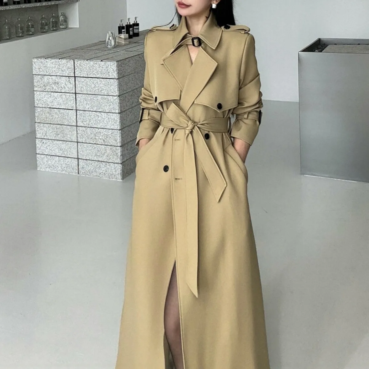 BJTZ Luxury 2025 خريف المرأة معطف طويل خندق مربوط...