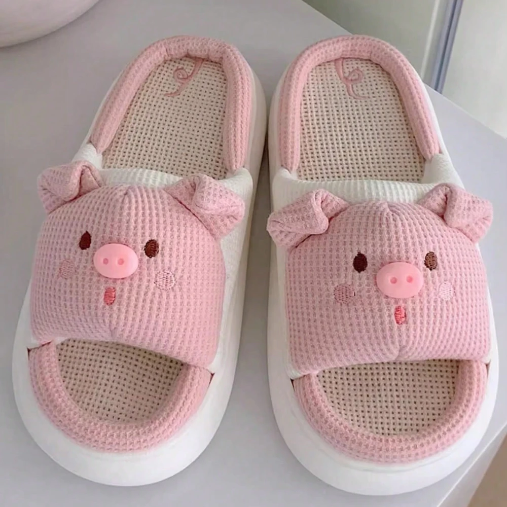 2023 New Pink 3.5cm Fashion Soft Ladies Casual Cute Piggy Pattern Design Comfortable Female Linen Home Slippers