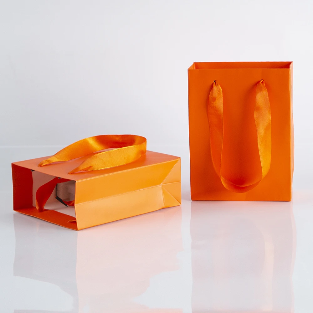 Orange Paper Bag With Blue Ribbon Handles With Box and Gift 