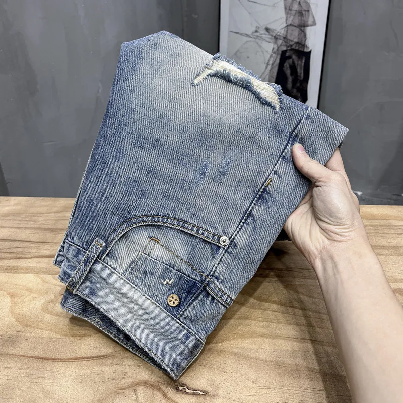 2024 Summer Ripped Denim Shorts Men's Thin Stretch Breathable Fashion Brand Pants High-End Casual All-Match Cropped Pants