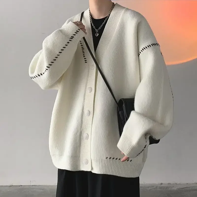 Man Clothes Coat White Knitted Sweaters for Men Japanese Retro Jacket Cardigan Patchwork S 90s Vintage Knitwears Korean Style X 5
