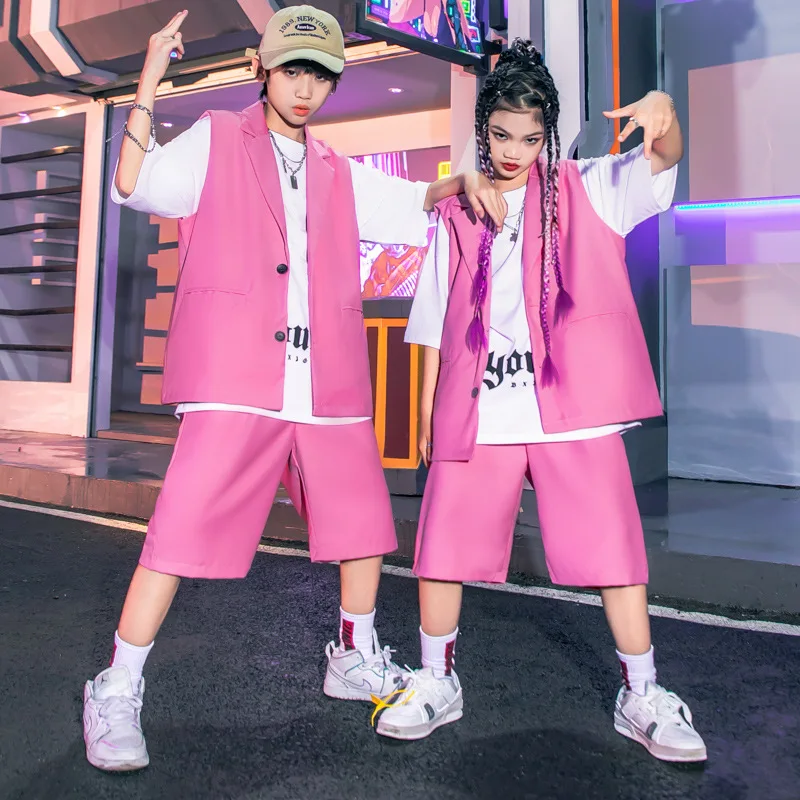 

Kids Boys Girls Suits Sets Vest Shorts Dance Jazz Hip Hop Clothing Fashion Sleeveless Blazer Jacket Shorts Children Tracksuits