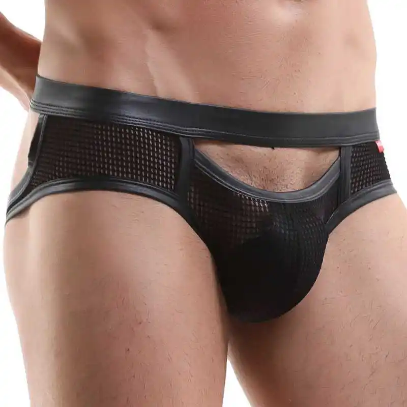 Brand Men Briefs Sexy Mesh See-through Underwear Hollow Out Open Penis Pouch Exotic Gay Lingerie Low-Waist Backless Male Panties 5