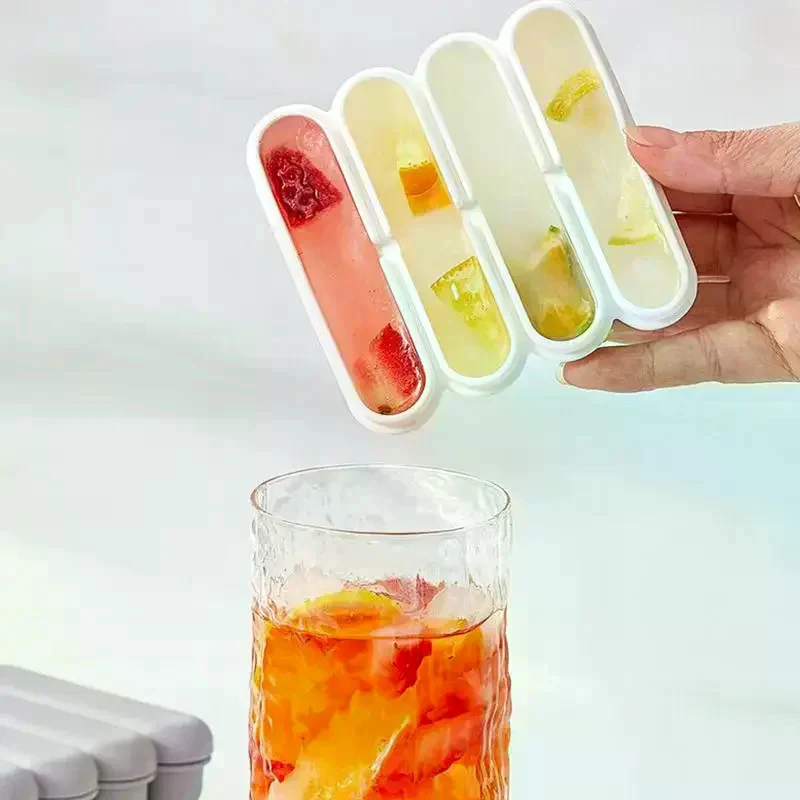 뚜껑이 있는 4칸 재사용 가능 실리콘 아이스 트레이, 수제 아이스크림 몰드, 냉장고용 식품 냉동 용기 및 용품