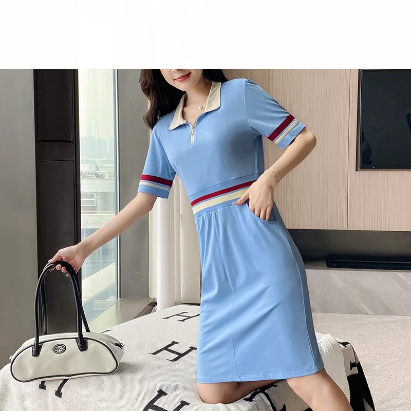 

Summer Women's Turn-down Collar Pullover Zipper Pockets Printed Standing Collar Colored Sports Casual Loose Fashion Knee Dress