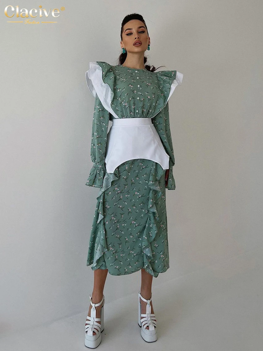 

Элегантное свободное приталенное женское платье Clacive 2023, повседневные офисные платья миди с круглым вырезом и длинным рукавом, модное лоскутное женское платье с оборками