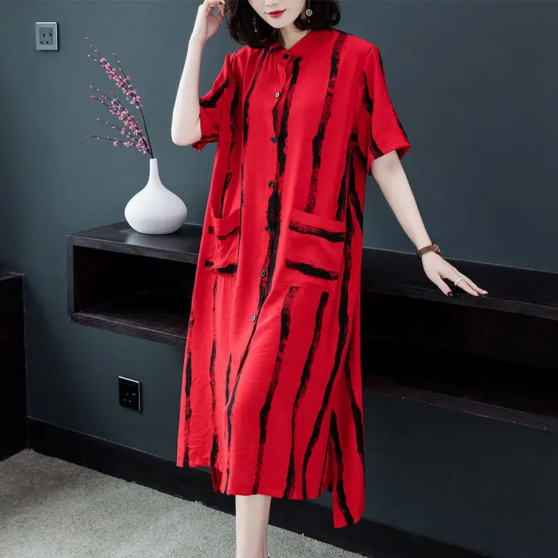 

Summer New Women's Polo-Neck Button Pockets Stripe Fashion Korean Version Loose Casual Short Sleeve Knee Length Shirt Dress