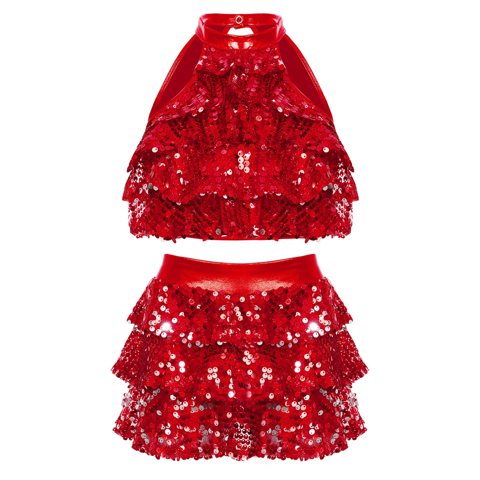 thumbnail image 1 of Traje de baile moderno para niñas, jazz, salsa latina, samba y rumba, top corto con lentejuelas brillantes metálicas y pantalones cortos con falda, culottes, 1 of 5