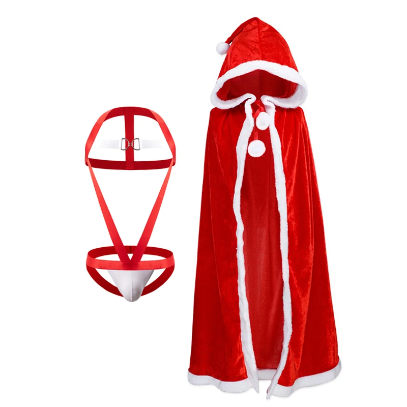 Hooded Sexy Bodysuit Harness Set Man Christmas Costume Santa Claus Cloak Men Xmas Bondage Cape Jockstrap Clubwear