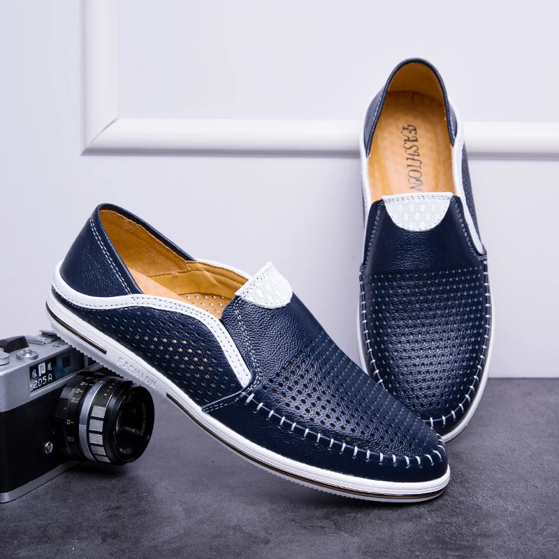 Summer Men Casual Leather Flat Designer New Fashion Hollow Out Breathable Boat Shoes Italian Brand Outdoor Driving_vogvips.com
