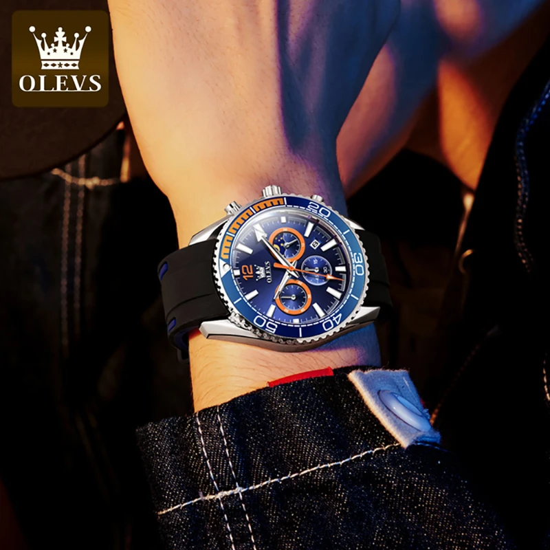 OLEVS Watches for Men Fashion Brand 44MM Big Dial Quartz Watch Mens Silica Gel Wrist Watch Waterproof Luminous Chronograph Watch