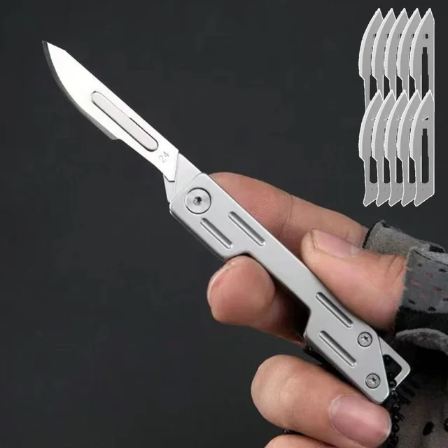 Máquinas de aço inoxidável dobrável bisturi faca dobrável médica edc faca de bolso de desembalagem ao ar livre com 10 peças de lâminas substituíveis