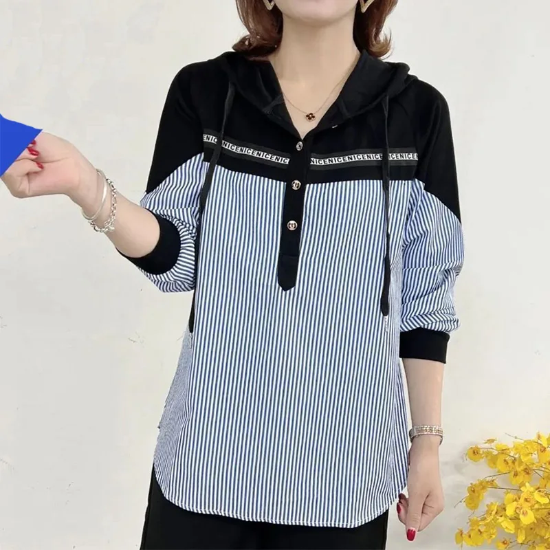 Casual Hooded Contrast Splicing Striped Printing Long Sleeve Pullovers Tops Lady Autumn Drawstring Three Buttons Sweatshirts