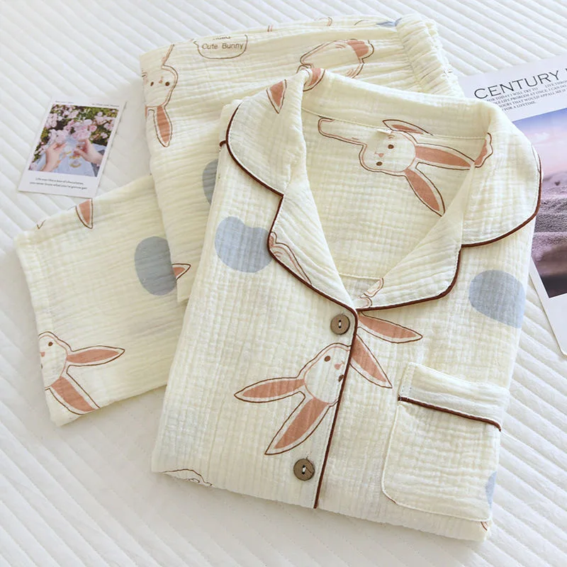 WomenPajamas100CottonYarnSleepwearFemale2PieceSetCuteRabbit