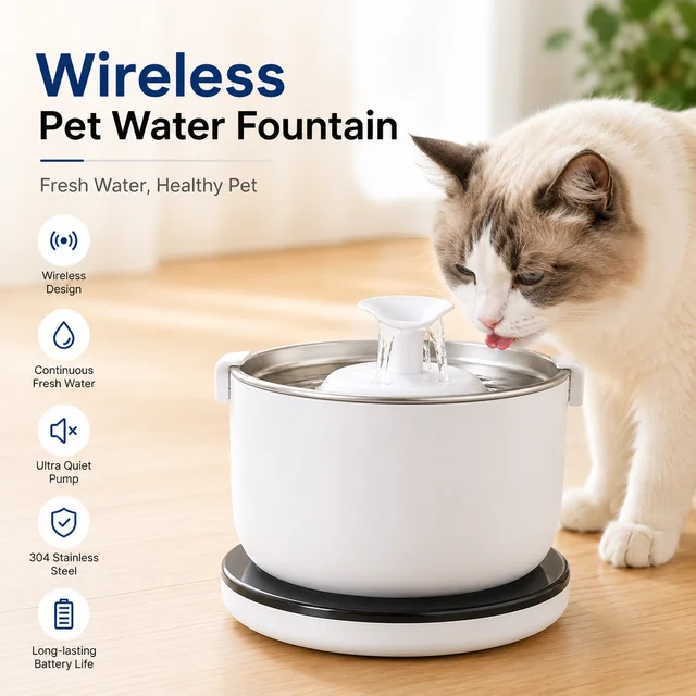 Wireless Cat Water Fountain Auto Sensor Drinking Fountain Quiet Pump 2.5L Stainless Steel Cats Dog Drinker Pet Water Dispenser 1
