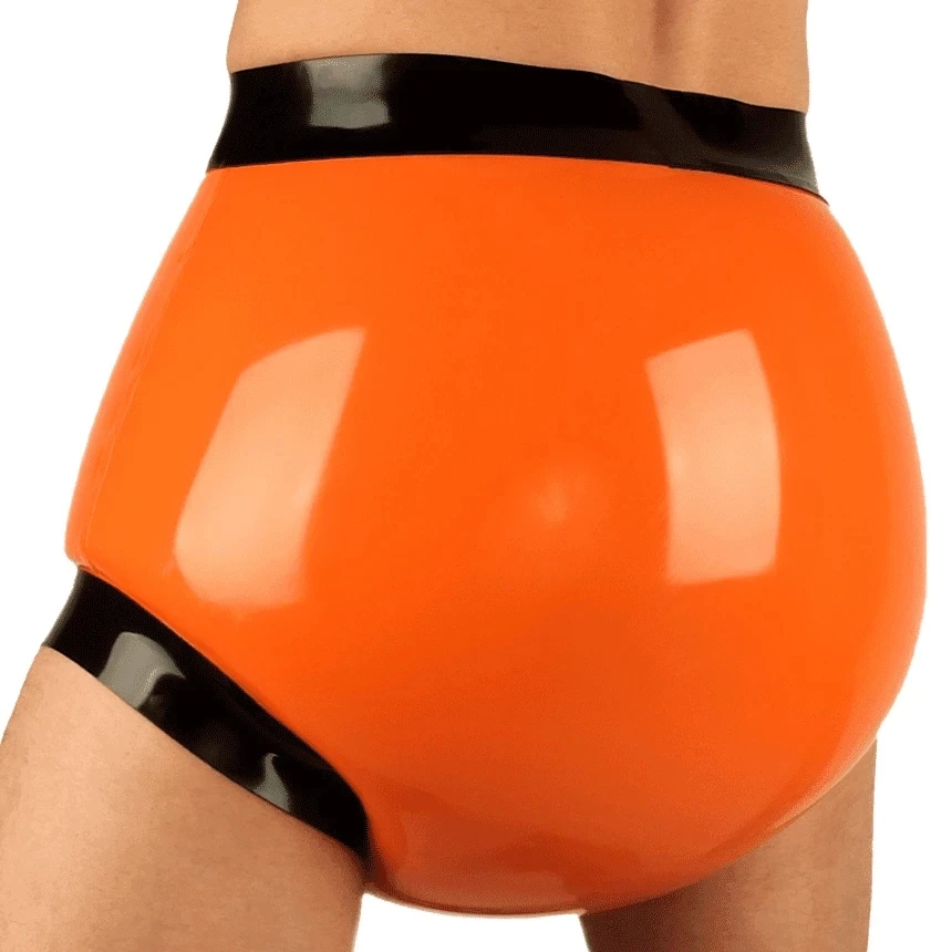 Orange And Black Inflatable Sexy Latex Briefs Mid Waist Rubber Shorts Diapers Covers Underpants