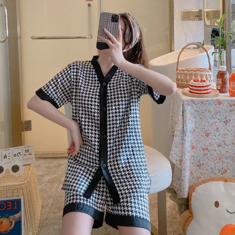 Women Grid Pajama Set Summer Cool Sleepwear Shorts Soft Pijamas Girls Homewear Cute Pyjama Short Pants Casual Home Clothes