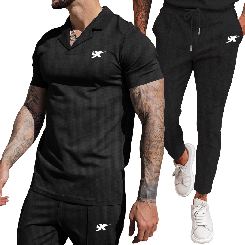 Summer New Waffle POLO Shirt Fashion And Comfortable Short-sleeved  High-quality Outdoor Sports Suit Trousers Tracksuit Men