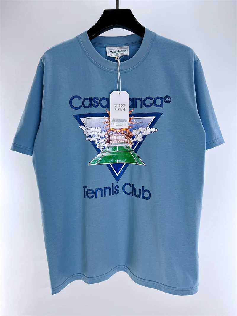 

23SS New Fasion Oversized Casablanca Tennis Club Tee Top Men Women Sun Print White Blue T-Shirt Goth