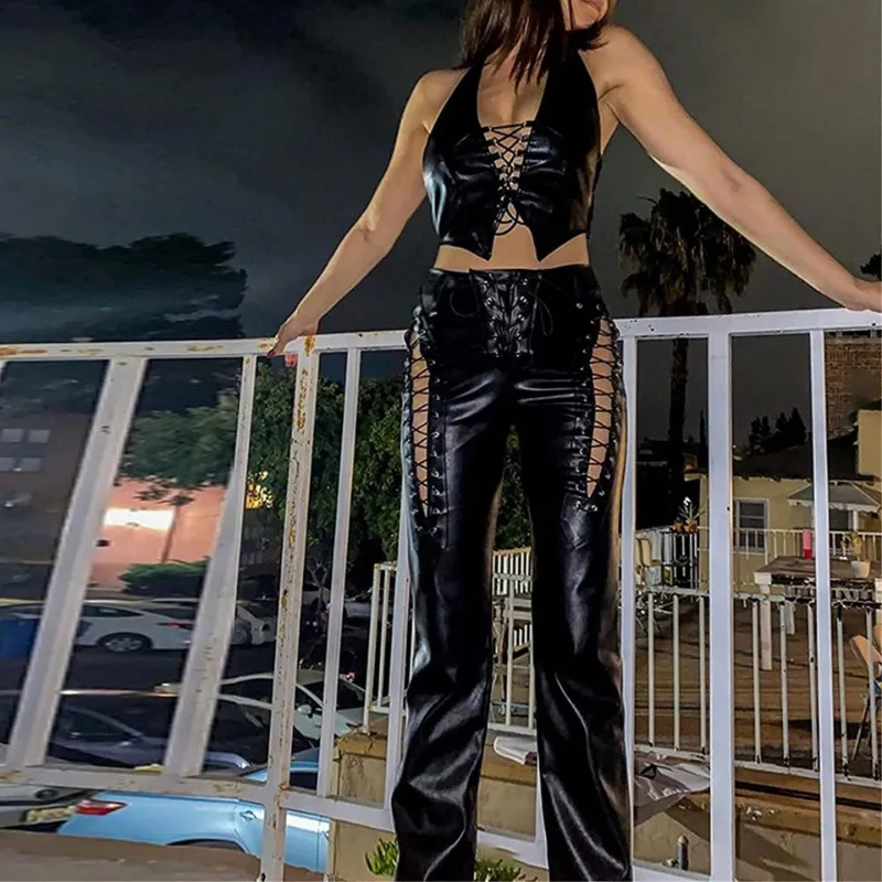 

2024 Spring Summer New Women's Clothing Solid Color Hollow out Strap Straight Slim Fashion Leather Pants