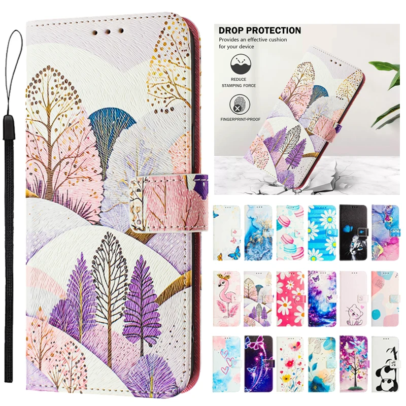 Painted Leather Wallet Phone Case - Stylish Protective Cover for Realme and Oppo Devices