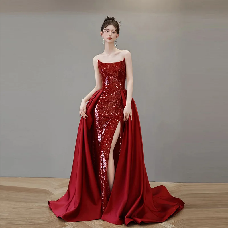 

Private Customized Business Banquet Toasting Attire, Bride's Wedding Wine Red Sexy Fishtail Split Temperament Ball Evening Dress