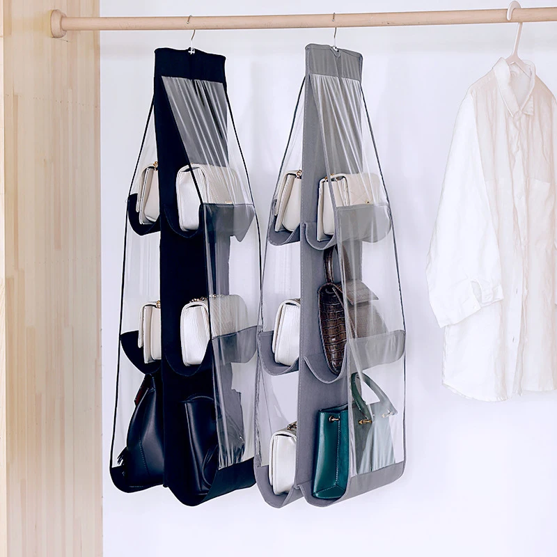 6/8 Pockets Black Foldable Oxford Cloth Handbag Hanging Organizer Closet Bedroom Family Wardrobe Handbag Storage Bag