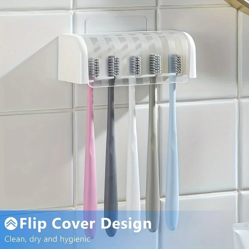 Wall-Mounted Toothbrush Holder 5-slot Hygiene Lid Space-saving Storage Busy Bathrooms Durable Attractive