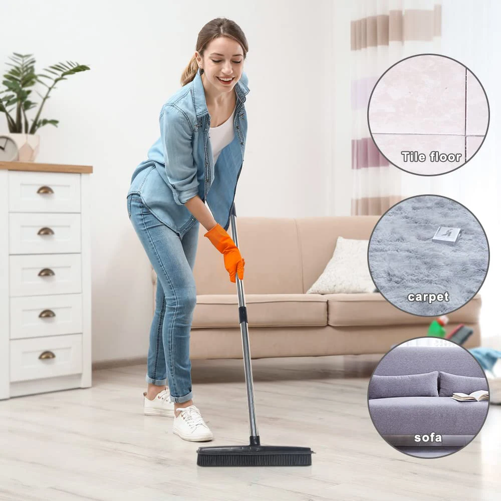 Rubber Broom Pet Hair Remover, Silicone Brooms for Floor Cleaning, Tile,  Windows, Carpet Squeegee with Telescoping Handle, Extends from 31 inch to  58
