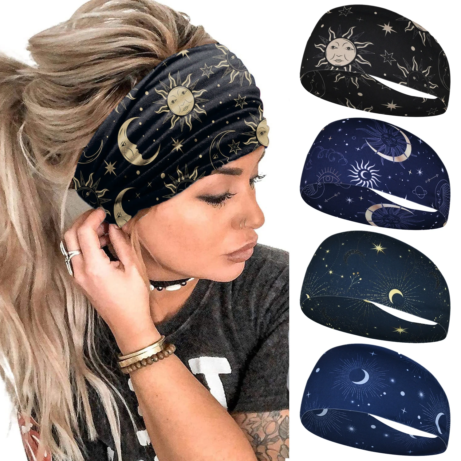 Womens Running Sports Workout Hair Bands Starry Night Sky Moon Stars Space Constellations Planets Yoga Headband